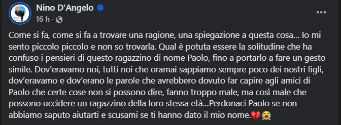 Suicidio di Paolo: il pot di Nino D'Angelo