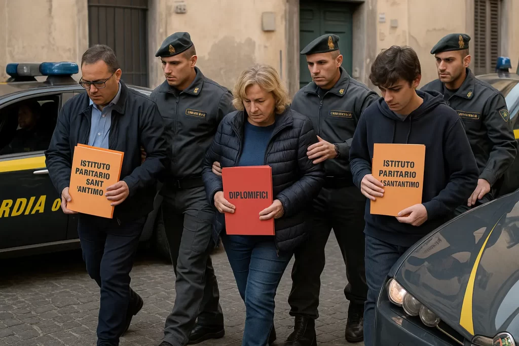 Lotta ai Diplomifici: alcuni indagati (presidi, docenti e studenti del liceo) scendono dalle auto della Guardia di Finanza tenendo in mano dei fascicoli: su alcuni c'è la scritta "Istituto paritario di Sant'Antimo", su altri "Diplomifici"