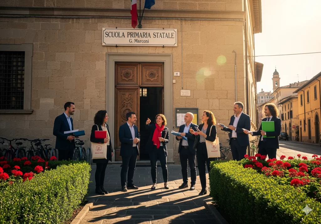 PNRR3 Scuola: docenti davanti all'ingresso di una scuola