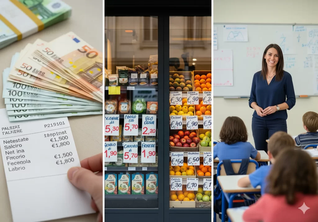 Potere d'acquisto stipendio docenti: immagine divisa in tre che raffigura: uno stipendio in banconote di Euro; i prezzi delle vetrine di un supermercato e fruttivendolo; una docente in classe