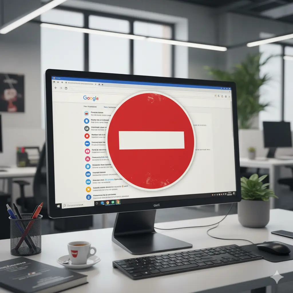 Privacy Email Dipendenti: monitor del pc di un dipendente aperto sulla pagina di GMAIL ma coperto da un segnale stradale di divieto d'accesso