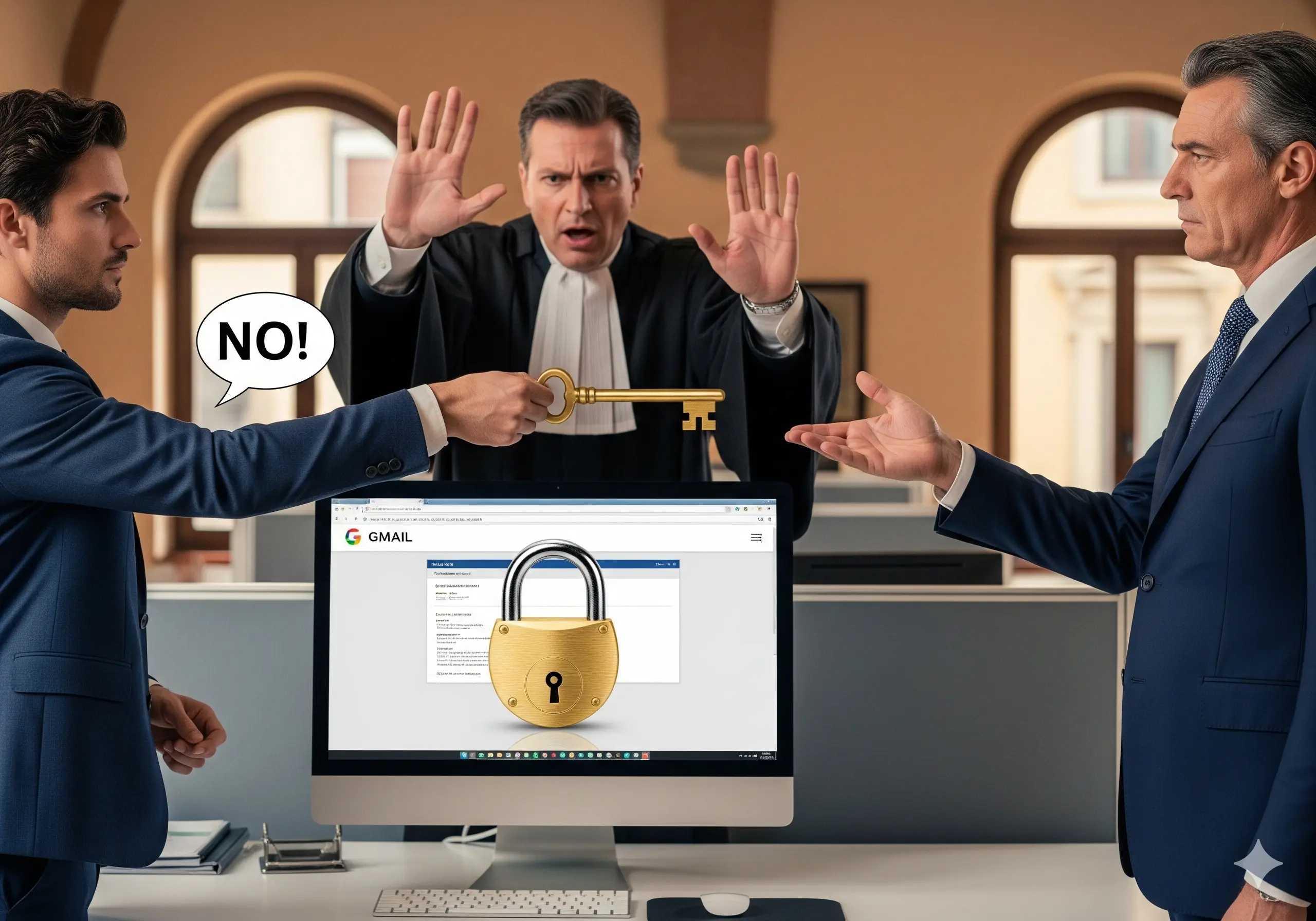 monitor del pc di un dipendente aperto sulla pagina di GMAIL chiuso con un lucchetto gigante. Davanti alla scrivania il dipendente con una grande chiave in mano e il datore di lavoro con la mano aperta per farsi dare la chiave. Al centro il giudice che dice NO!