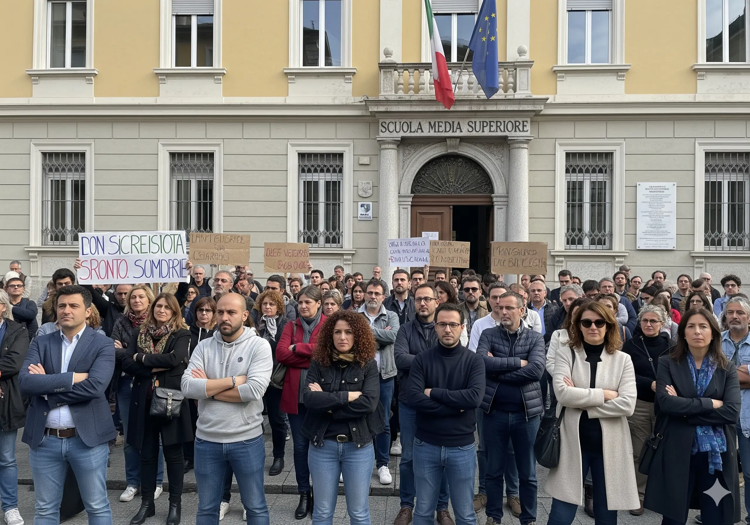 docenti incrociano le braccia davanti ad una scuola in segno di protesta