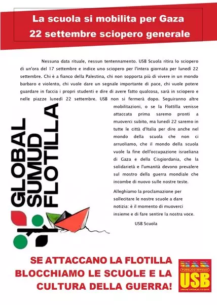 Sciopero Scuola per il Genocidio a Gaza: locandina sciopero USB Scuola