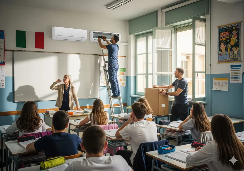 Scuole Surriscaldate: un tecnico monta un condizionatore d'aria in classe durante una lezione