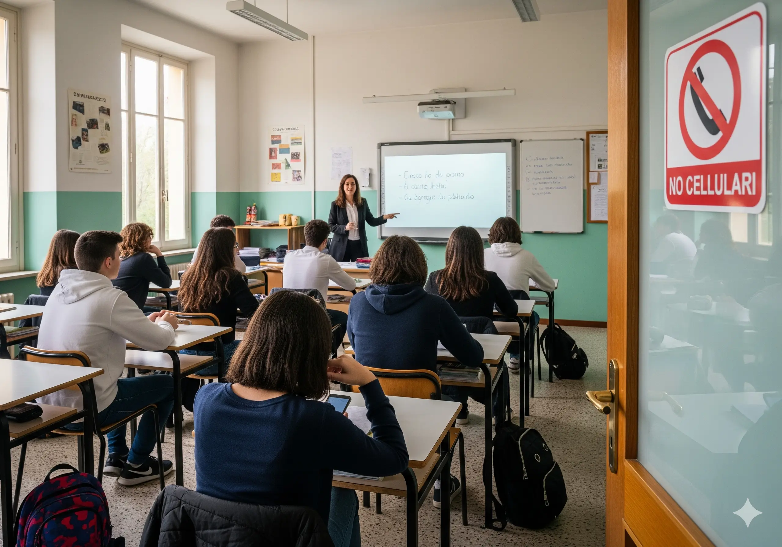 L'insegna "No cellulari" affissa sulla porta di una classe