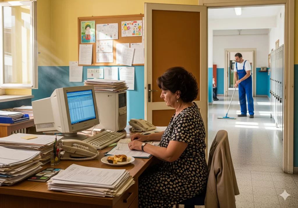 Supplenze ATA 2025/26 Terza Fascia:  segretaria a lavoro a scuola, mentre un Collaboratore scolastico lava il pavimento