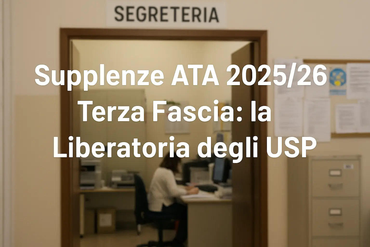 segreteria scolastica e in primo piano la scritta " Supplenze ATA 2025/26 Terza Fascia: la Liberatoria degli USP"