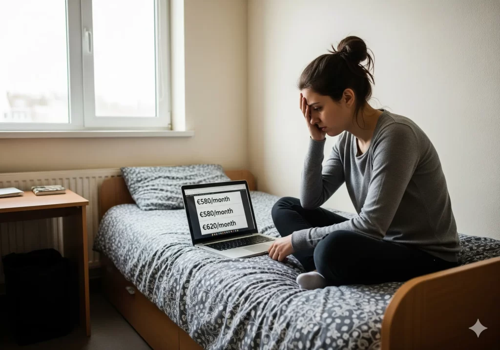 Affitti Studenti Fuorisede: studentessa triste seduta sul letto analizza delusa i prezzi dei posti letto