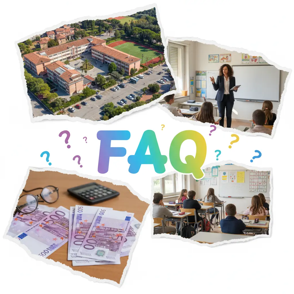 Attesa per il Decreto Carta del Docente 2025. Immagine divisa in 4 parti: una scuola; docente in classe; banconote da 500 euro; alunni in classe. Al centro la scritta FAQ e diversi punti interrogativi.