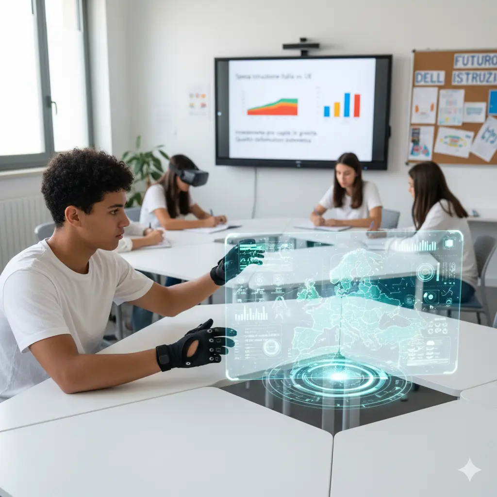 Calo Demografico a Scuola: uno studente utilizza una tecnologia avanzata in classe