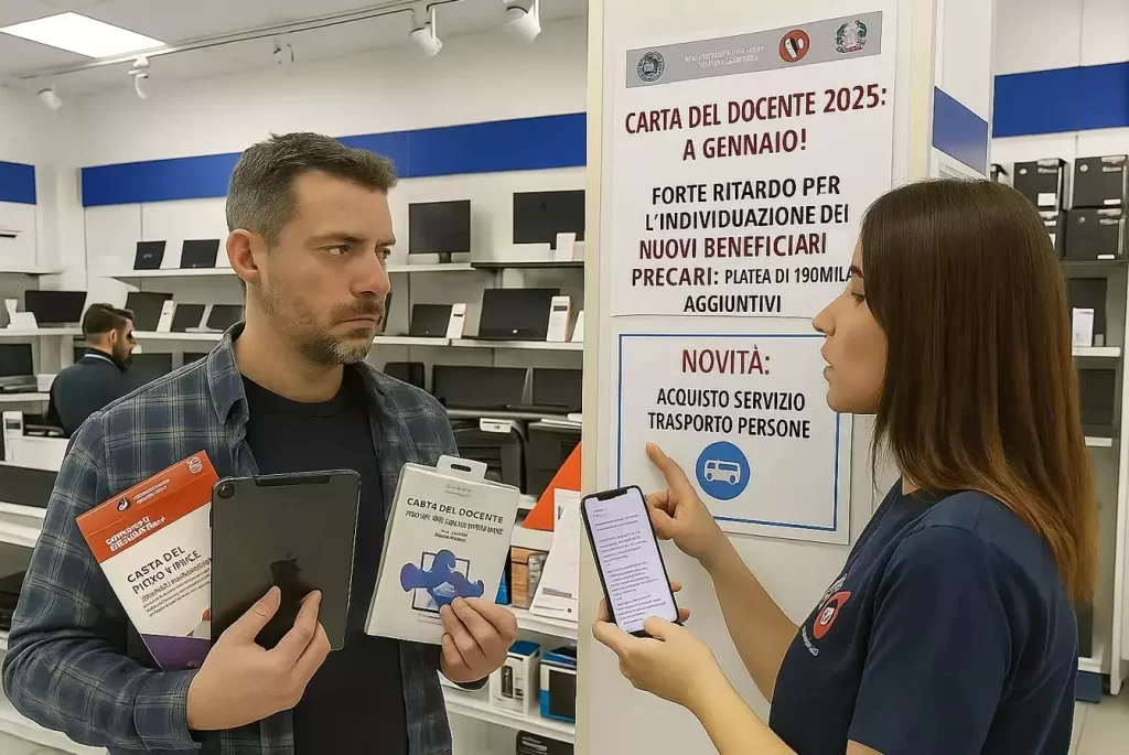 Carta del docente 2025 a gennaio: una commessa spiega ad un docente le novità della Carta