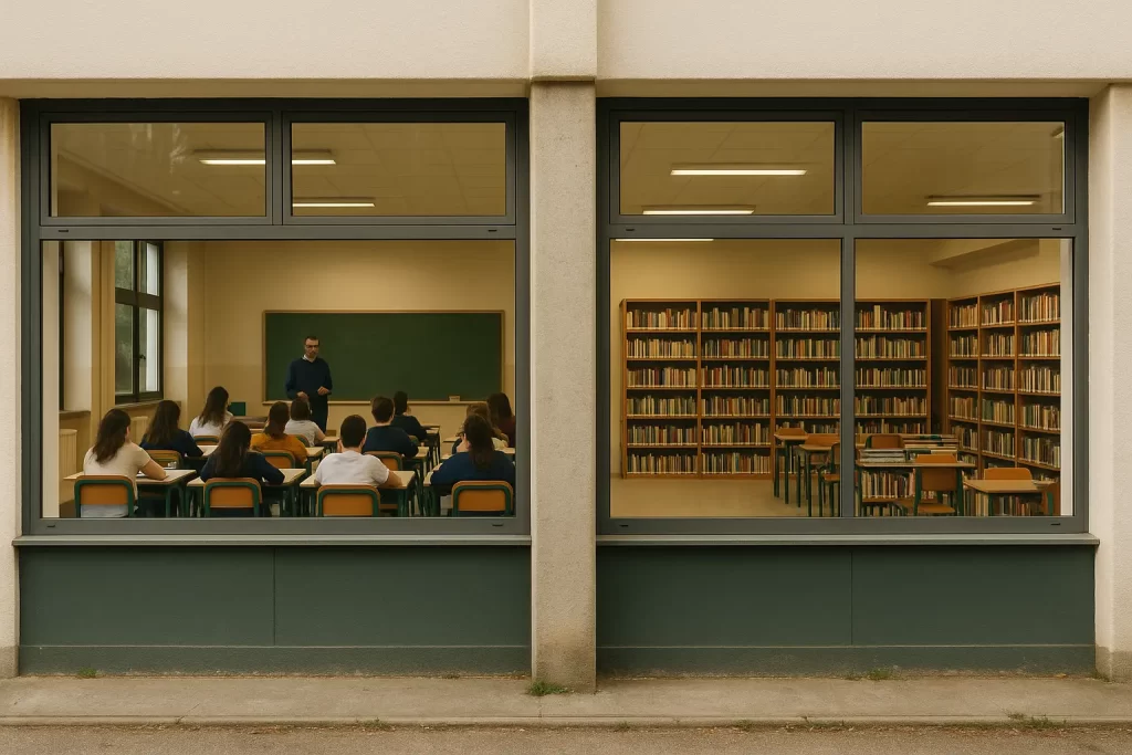Compilazione PEI: un edificio scolastico visto da fuori: una grande parete vetrata attraverso la quale si vede una classe durante una lezione e un'altra attraverso la quale si vede la ricca biblioteca