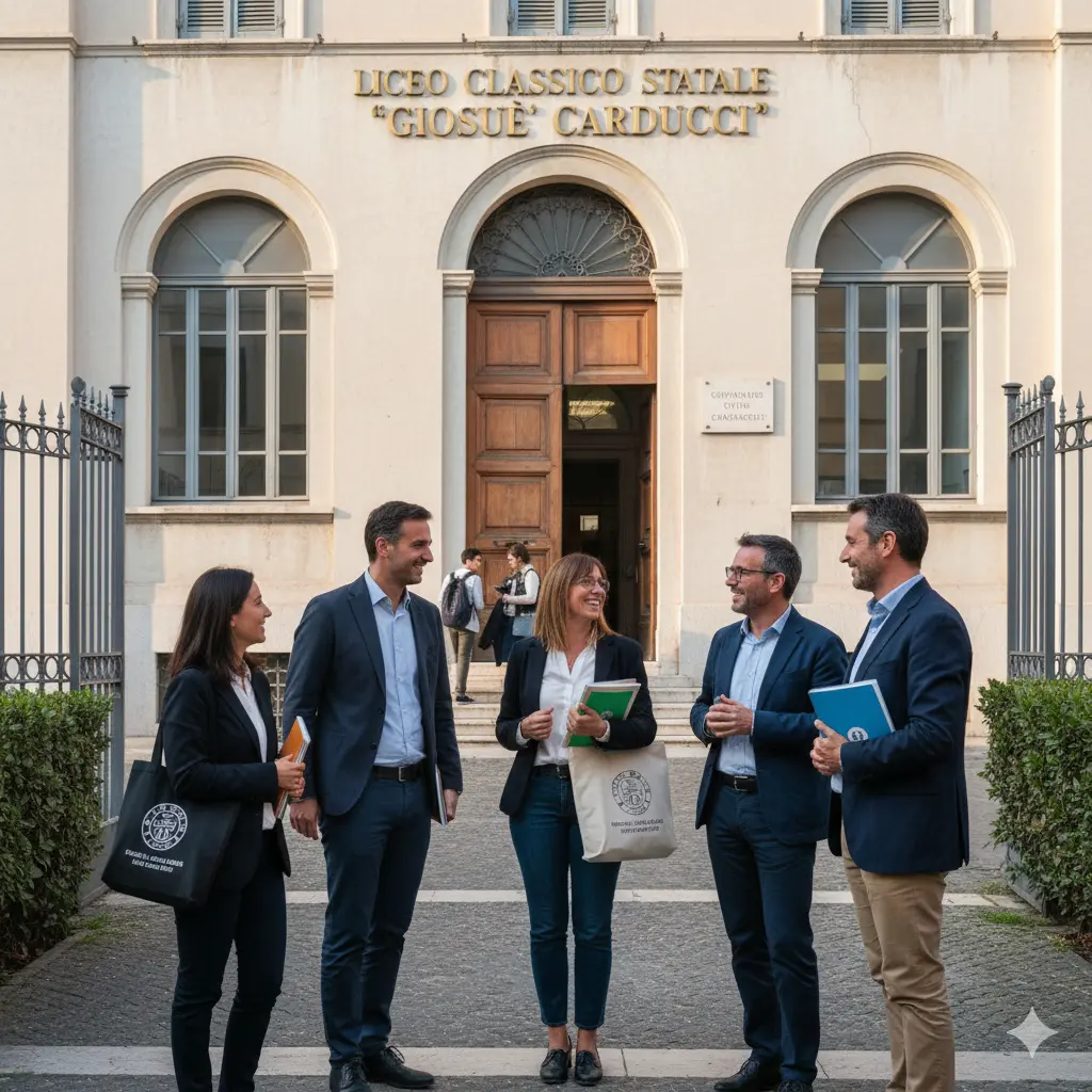 Concorso PNRR3 titoli di accesso: alcuni docentio davanti ad una scuola