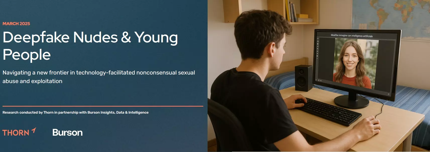 la copertina della ricerca e un ragazzo che modifica una foto con AI