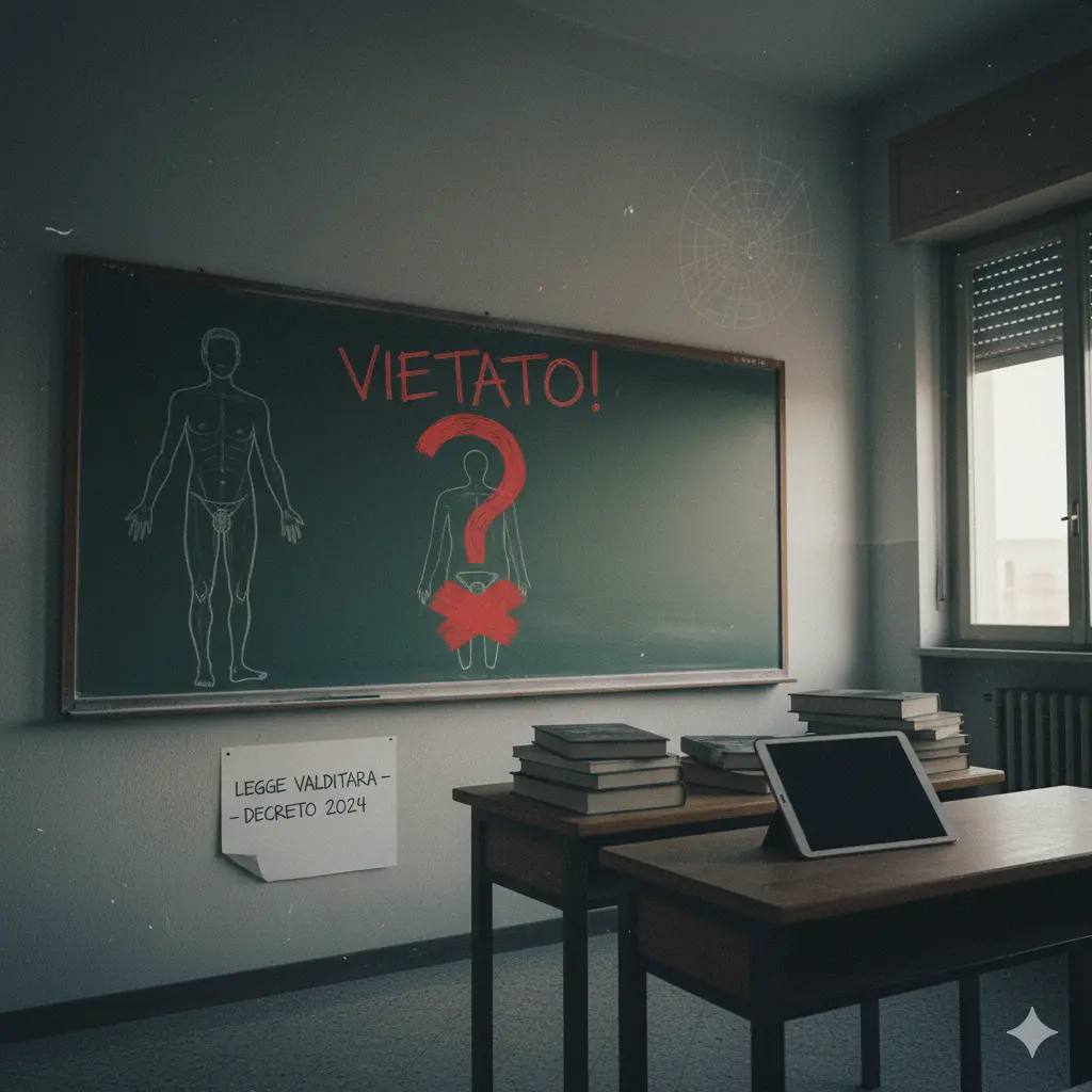 Educazione Sessuale Vietata fino alle Medie: lavagna di un'aula scolastica con sopra il disegno di due corpi umani. Sulle parti intime di uno dei due una grande "X" e un punto interrogativo con la scritta "Vietato!"