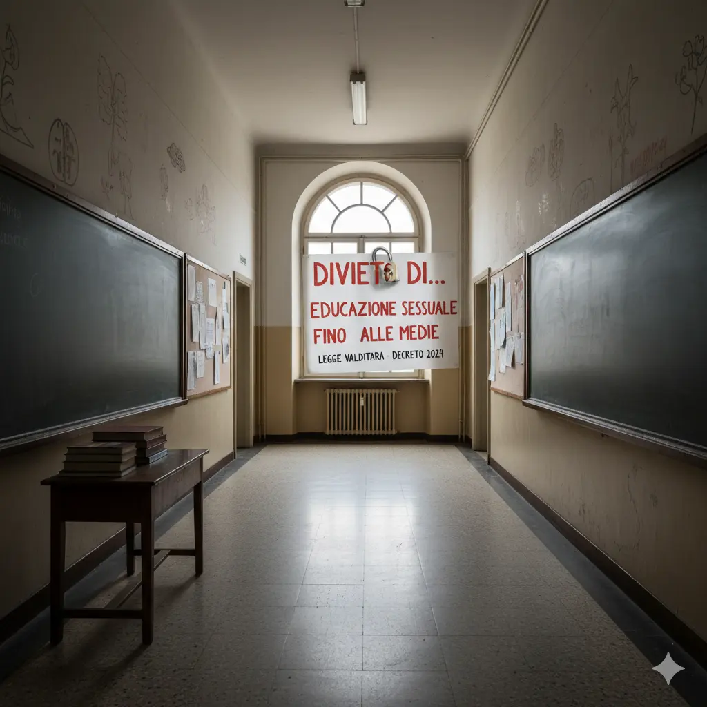 Educazione Sessuale Vietata fino alle Medie: corridoio scolastico con uno striscione recante la scritta "Divieto di educazione sessuale fino alle medie"