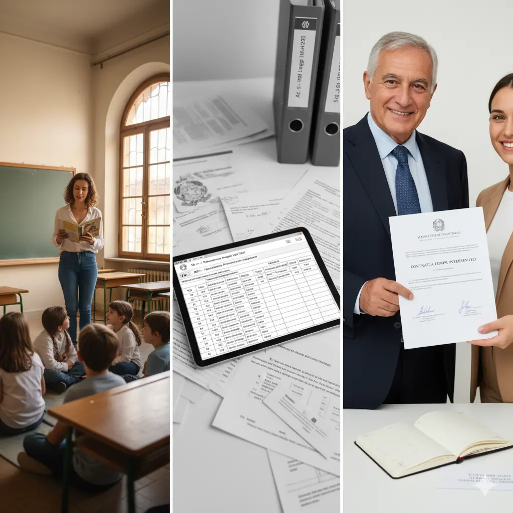 Giornata Mondiale dell'Insegnante 2025. Foto divisa in tre parti: docente durante una lezione; una schermata di una Graduatoria GPS; firma di un contratto a tempo indeterminato.