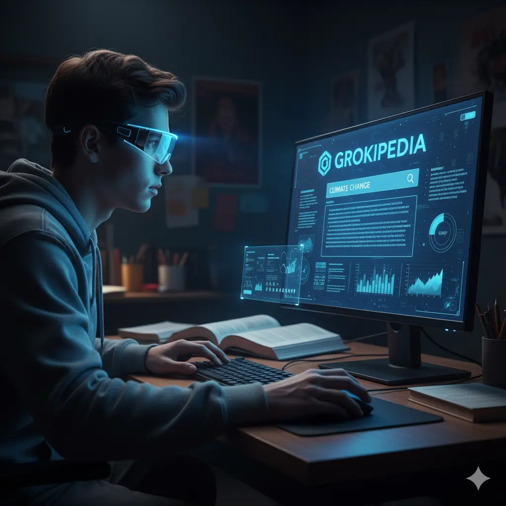 Uno studente esegue delle ricerche a casa utilizzando Grokipedia