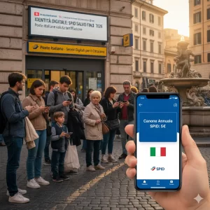 Utenti davanti ad un ufficio postale. In primo piiano un cellulare con l'indicazione del possibile canone annuo da 5 euro.