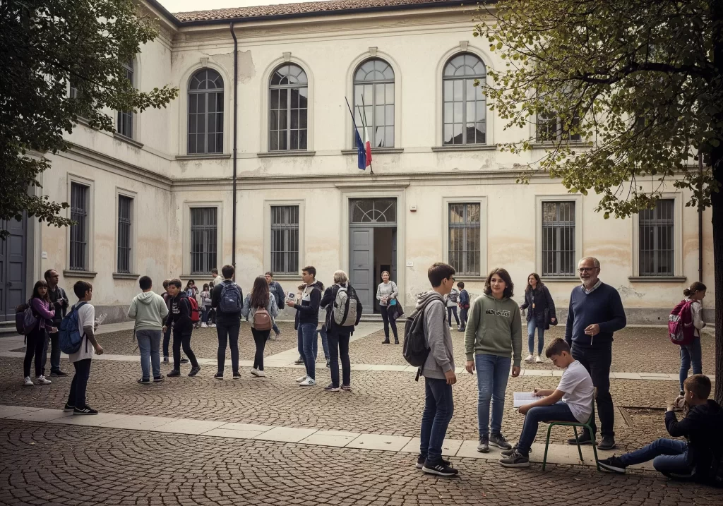 Il requisito dei 3 anni di servizio nel Concorso docenti PNRR3: alunni e docenti nel cortile della scuola