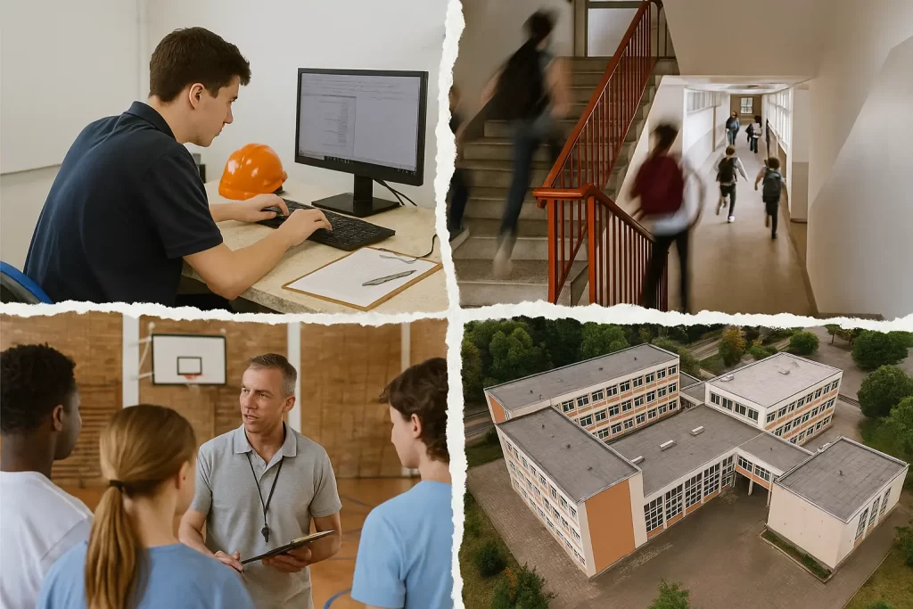 Legge di Bilancio 2026. Foto divisa in 4 parti: un addetto alla progettazione della sicurezza; ragazzi che corrono nei corridoi e per le scale della scuola; docente e alunni in palestra; scuola.