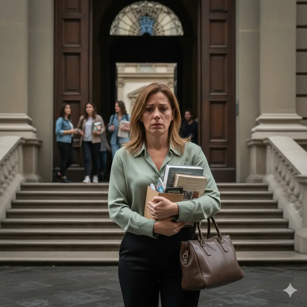 Licenziamento per Falsa Dichiarazione: la docente esce dall'università visibilmente delusa