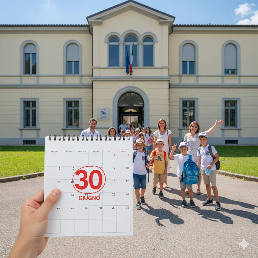 Modifica del Calendario scolastico in Emilia Romagna: alunni e docenti davanti ad un edificio scolastico, e in primopiano un calendario con il 30 giugno cerchiato in rosso