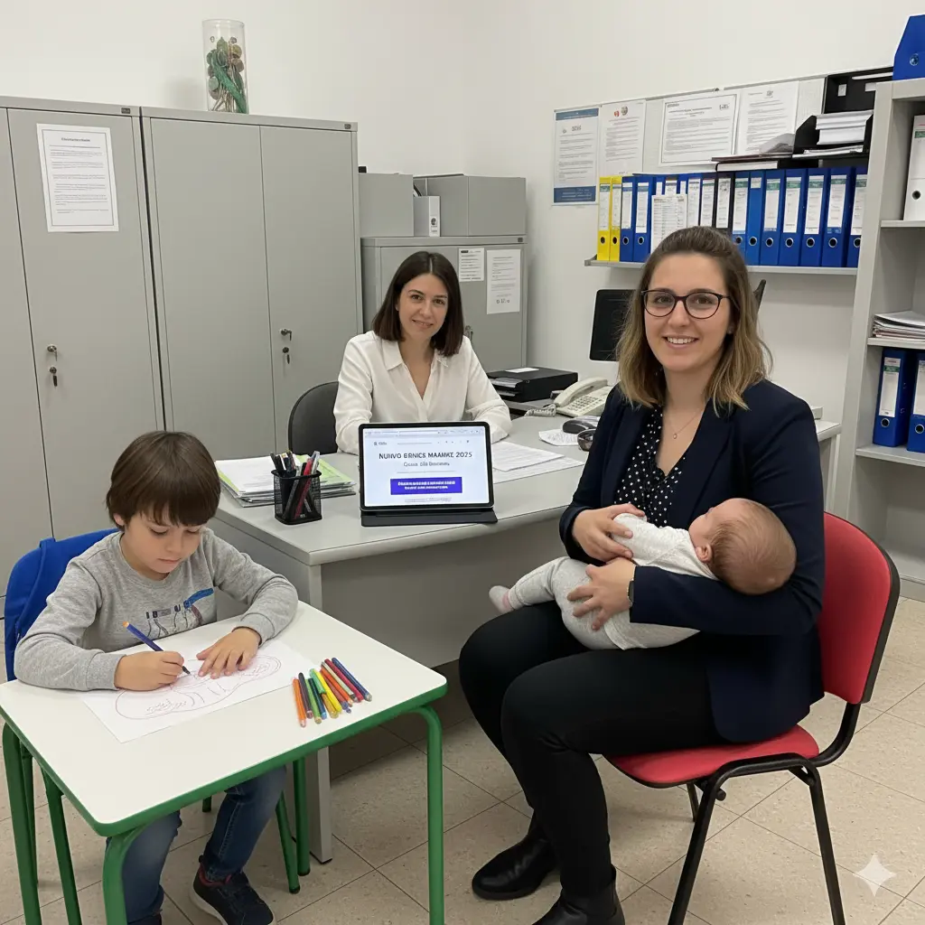 Nuovo bonus mamme 2025: Una giovane madre con il neonato in braccio e il figlio più grande che disegna, si interfaccia con un'impiegata INPS in un ufficio italiano, dove un tablet mostra la pagina del "Nuovo bonus mamme 2025".