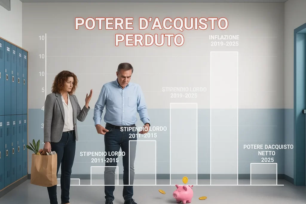 Un docente e un collaboratore scolastico con vicino un salvadanaio e la scritta "Potere d'acquisto perduto"