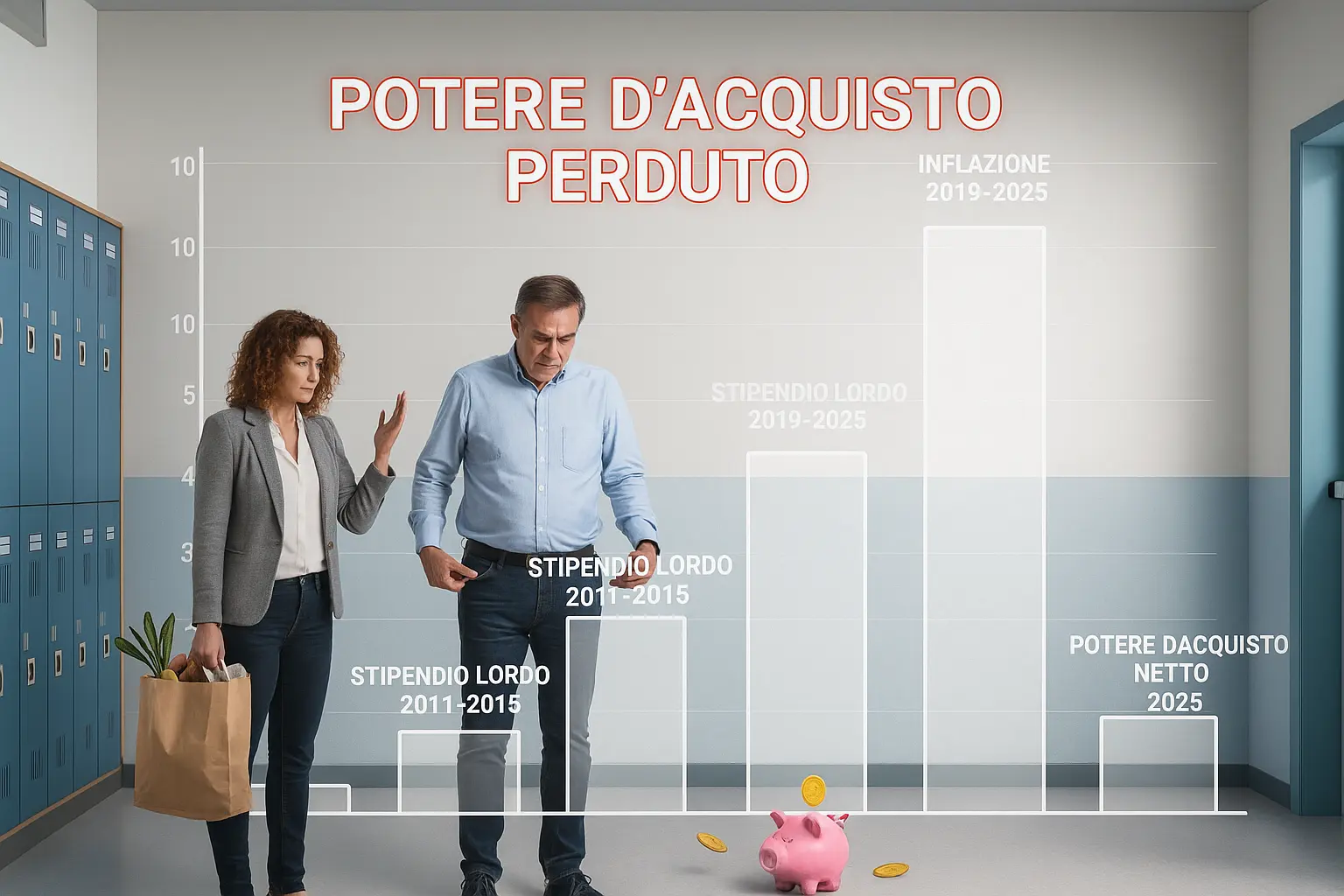 Un docente e un collaboratore scolastico con vicino un salvadanaio e la scritta "Potere d'acquisto perduto"