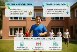 Prevenzione Obesità a Scuola: ragazzo obeso corre nel prato della scuola. Ai margini dei riquadri con le novità della L. 149/2025