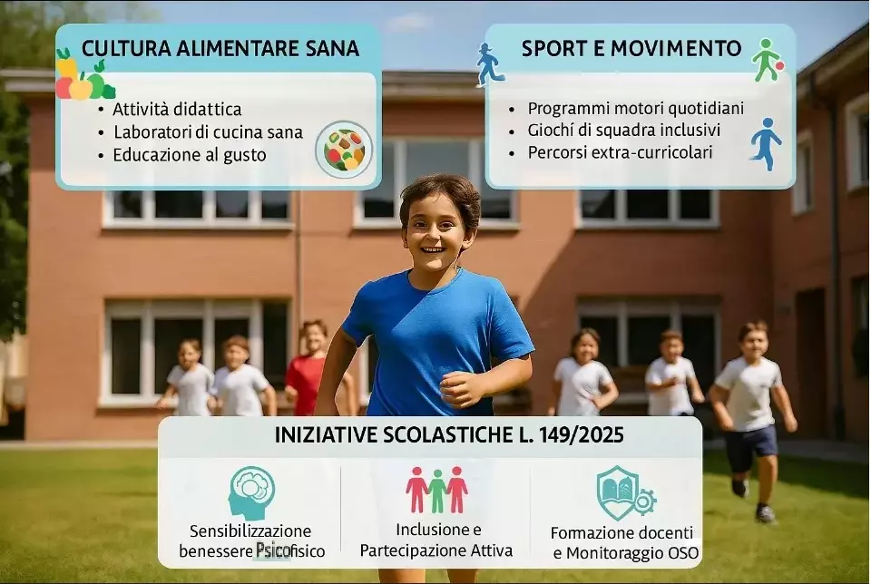 Prevenzione Obesità a Scuola: ragazzo obeso corre nel prato della scuola. Ai margini dei riquadri con le novità della L. 149/2025