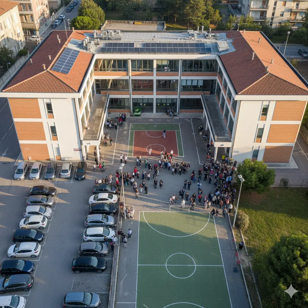 Quando esce il bando PNRR3? Un edificio scolastico visto dall'alto