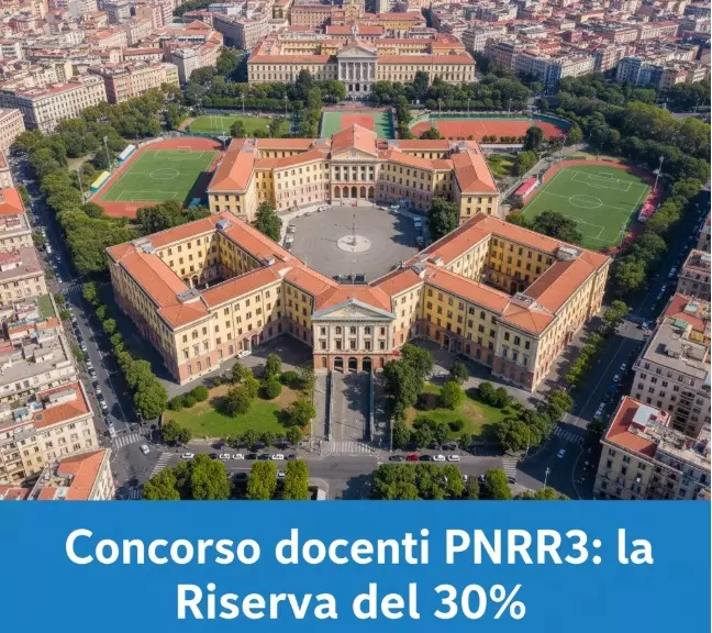 Riserva 30% Concorso PNRR3. Scuola vista dall'alto e la scritta "Concorso docenti PNRR3: la Riserva del 30%"