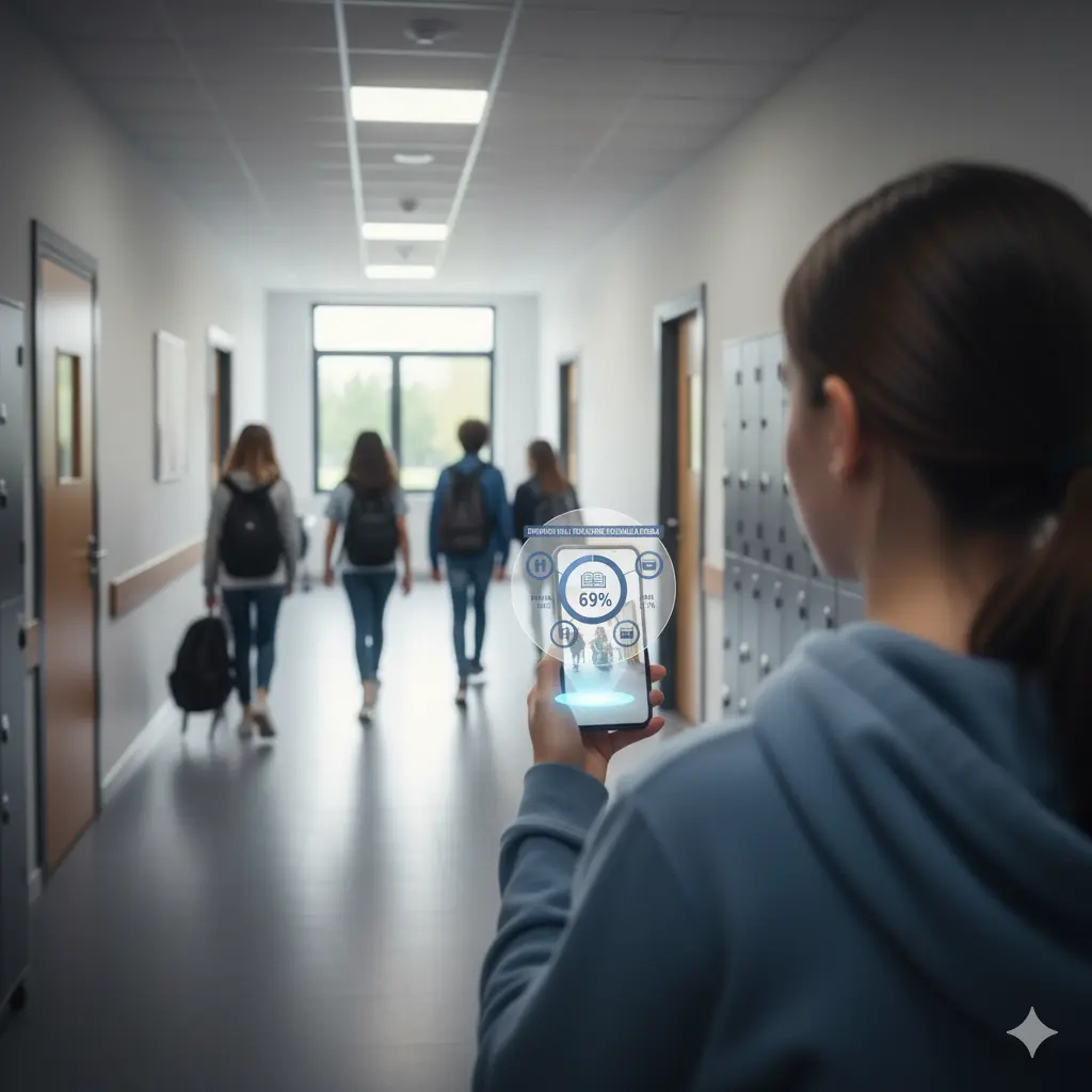 Sondaggio sull'Educazione sessuale a scuola: una ragazza consulta i dati emersi sul proprio cellulare nel corridoio di una scuola