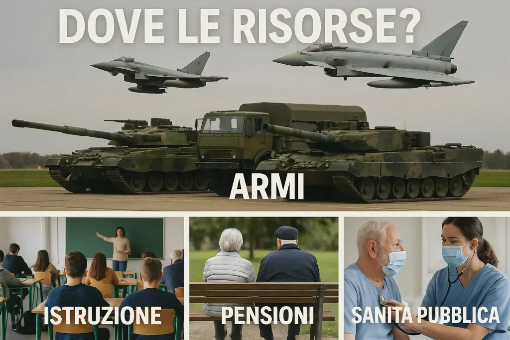 Spesa Militare in Aumento. Foto divisa in 4 parti con la scritta "Dove le risorse?": in una carri armati e aerei militari (Armi); nelle altre tre una lezione in classe (Istruzione), due pensionati (Pensioni) e un medico (Sanità).