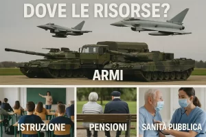 Spesa Militare in Aumento. Foto divisa in 4 parti con la scritta "Dove le risorse?": in una carri armati e aerei militari (Armi); nelle altre tre una lezione in classe (Istruzione), due pensionati (Pensioni) e un medico (Sanità).