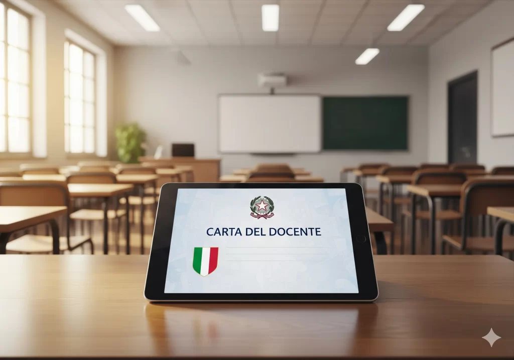 Tempistiche Carta Docente: la scritta "Carta del docente" su un tablet con sullo sfondo una classe vuota