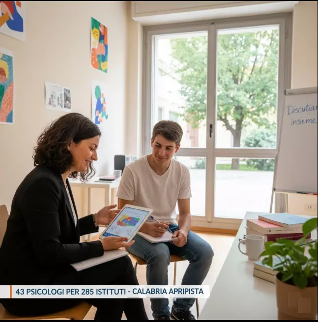 43 Psicologi per 285 istituti: una psicologa parla con un alunno a scuola