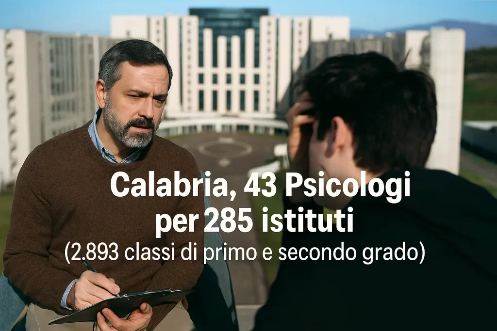 Sullo sfondo la sede della Regione Calabria. In primo piano uno psicologo parla con uno studente e la scritta: "Calabria, 43 Psicologi per 285 istituti (2.893 classi di primo e secondo grado)"