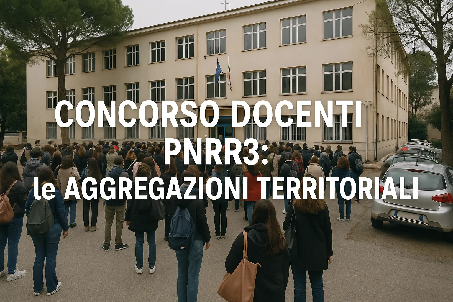 Aggregazioni territoriali Concorso Docenti PNRR3: candidati del concorso davanti ad una scuola. E in primo piano la scritta: "Concorso Docenti PNRR3: le Aggregazioni Territoriali"