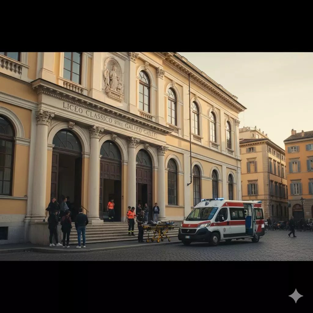 Ambulanza davanti ad un liceo di Cassino