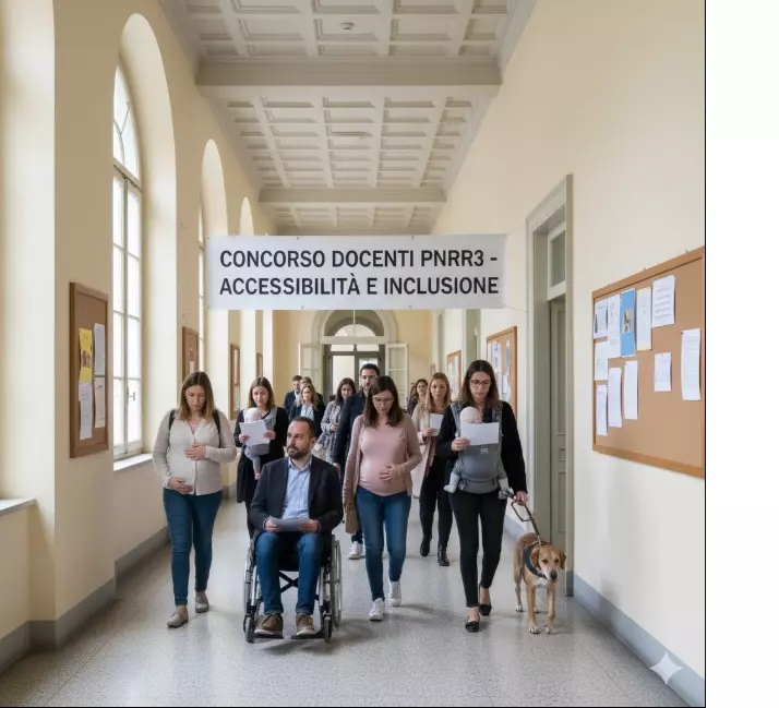 Ausili e Tempi Aggiuntivi del Concorso PNRR3:  un gruppo di candidati (con disabilità, donne incinte o che allattano, DSA) nel corridoio di una scuola