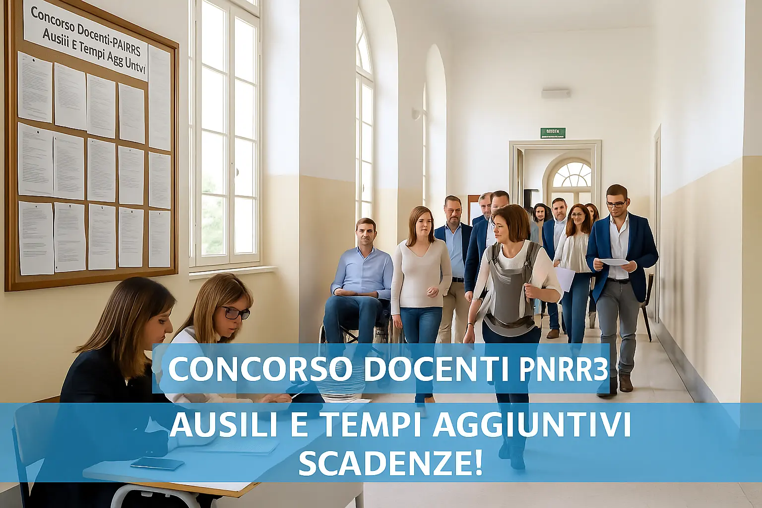 Ausili e Tempi Aggiuntivi del Concorso PNRR3: un gruppo di candidati (con disabilità, donne incinte o che allattano, DSA) nel corridoio di una scuola prima delle prove del concorso. In primo piano la scritta "Concorso Docenti PNRR3. Ausili e Tempi aggiuntivi. Scadenze!"
