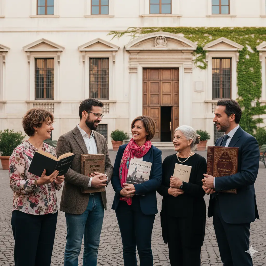 Lettera sul CCNL 2025-27: alcuni docenti davanti ad una scuola con dei libri in mano