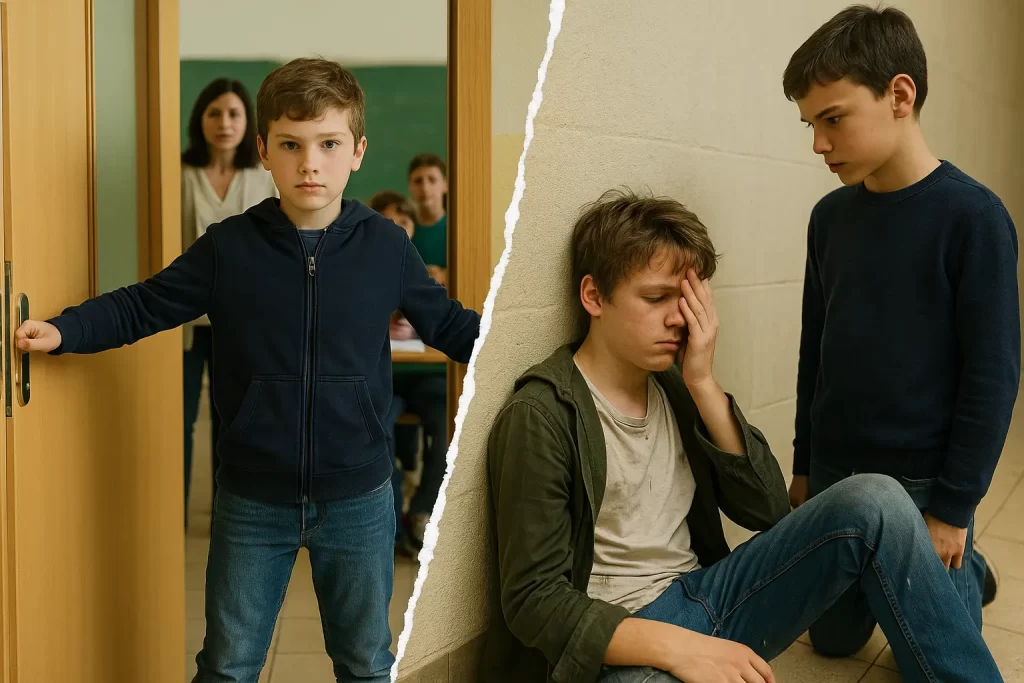 Brutale Pestaggio a Corigliano-Rossano. Immagine diviisa in due: in una metà un ragazzo di seconda media è fermo davanti alla porta della classe per non far passare la maestra e gli altri compagni. Nell'altra metà un ragazzo di seconda media è seduto a terra e appoggiato al muro con la schiena e si tiene la mano sopra un occhio, con i vestiti in disordine: davanti a lui un compagno di classe lo guarda con freddezza.