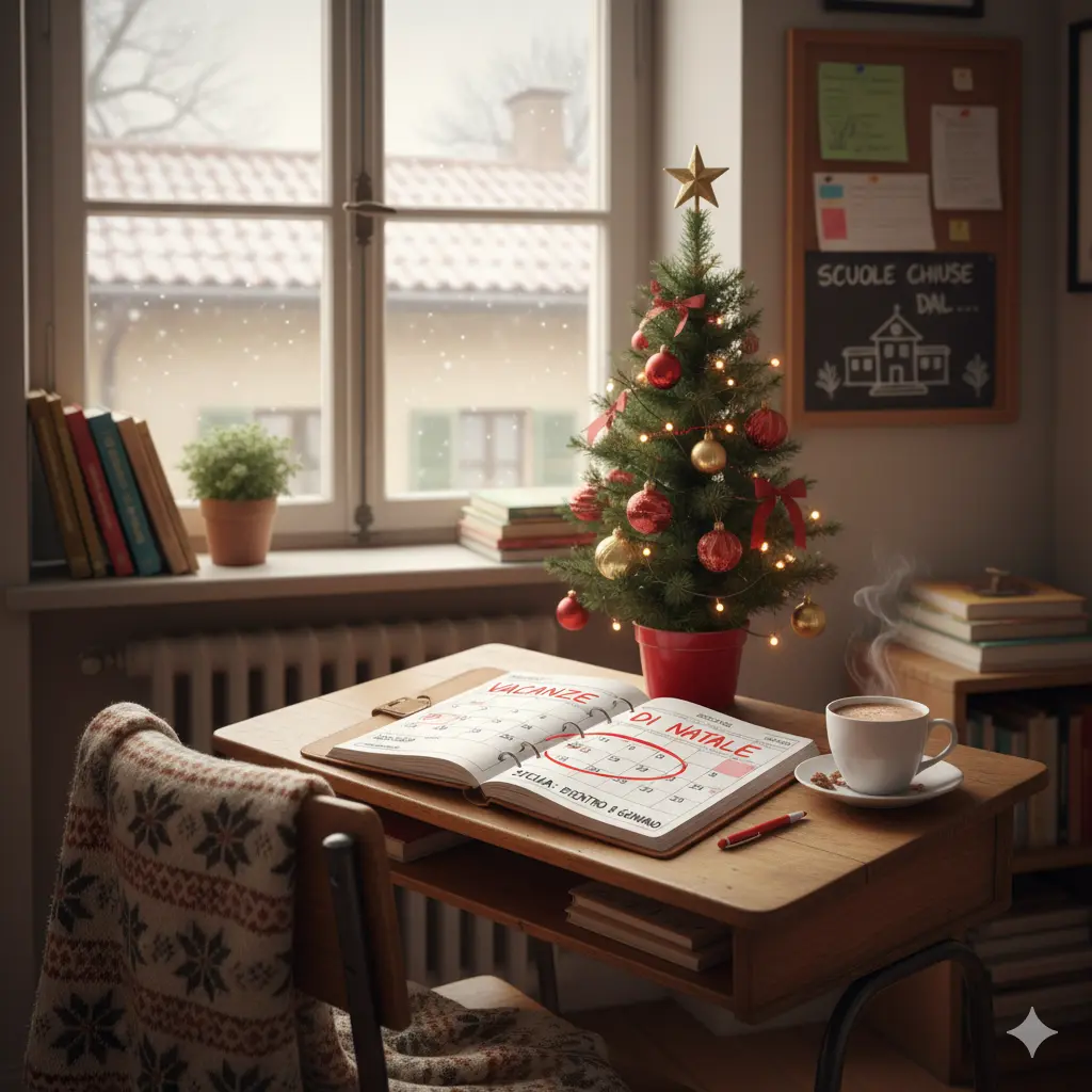Calendario Vacanze di Natale 2025-2026: un piccolo albero di Natale su un tavolo con un'agenda aperta sulla quale sono evidenziate le vacanze natalizie