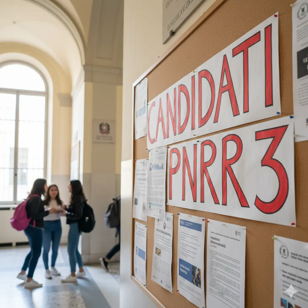 Candidati del Concorso PNRR3: la scritta "Candidati PNRR£" nella bacheca di una scuola (con sullo sfondo alcuni studenti)