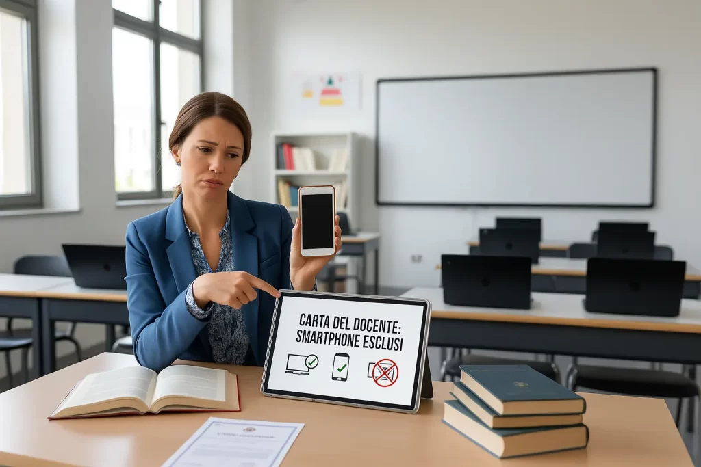 Cellulari esclusi dalla Carta del docente 2025: una docente mostra un cartello che ribadisce il divieto di acquistare cellulari con la Carta